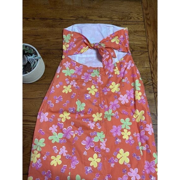Lilly Pulitzer Orange Floral Tie Back Strapless Boning Cut Out Womens Dress SZ 8 - Picture 3 of 8